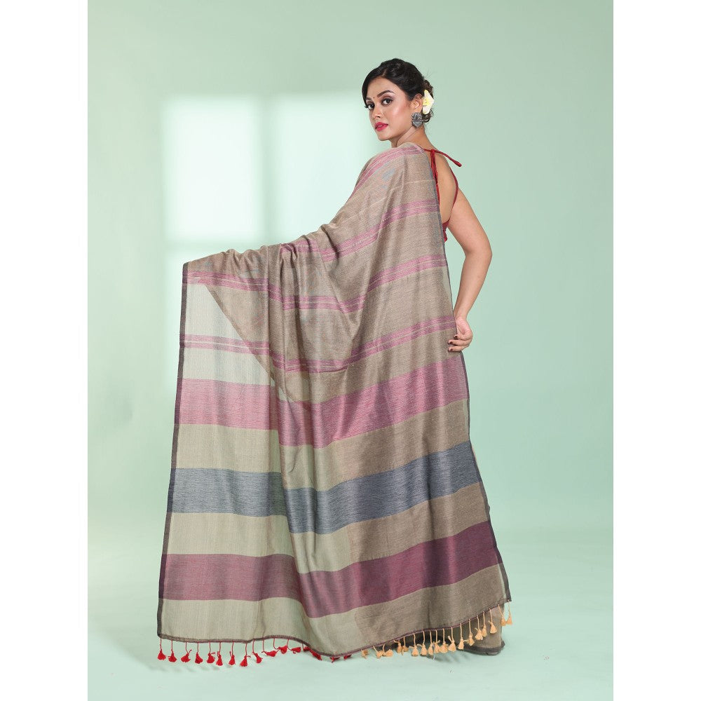 CHARUKRITI Ecru Cotton Saree with Stripes Design with Unstitched Blouse