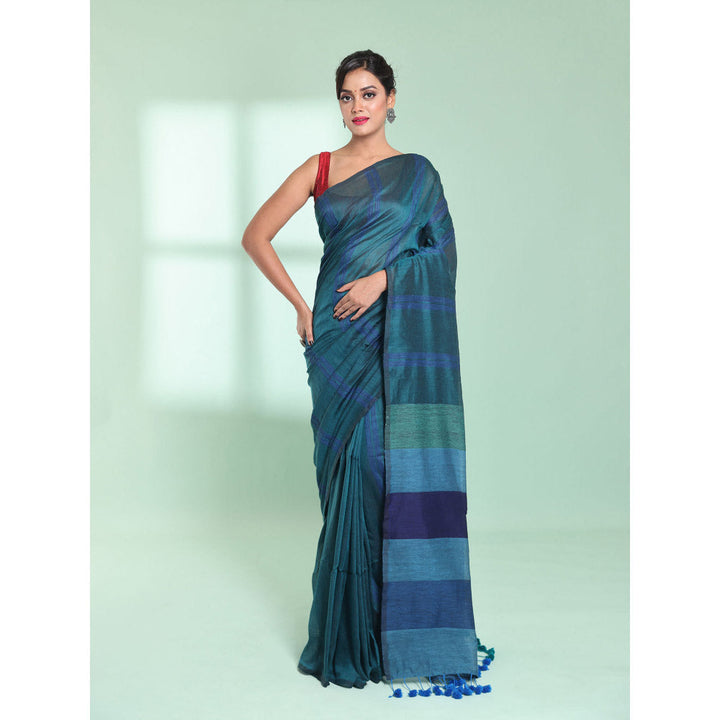 CHARUKRITI Teal Cotton Saree with Stripes Design with Unstitched Blouse