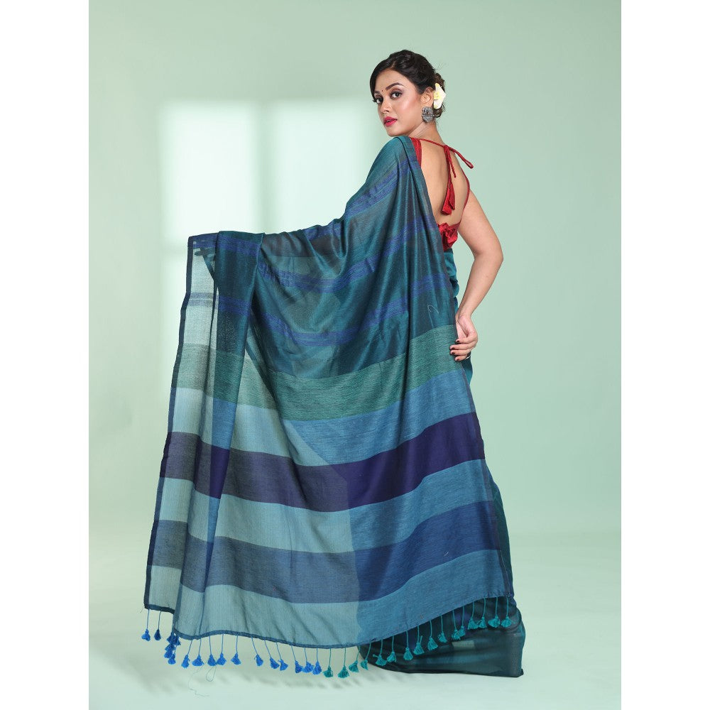 CHARUKRITI Teal Cotton Saree with Stripes Design with Unstitched Blouse