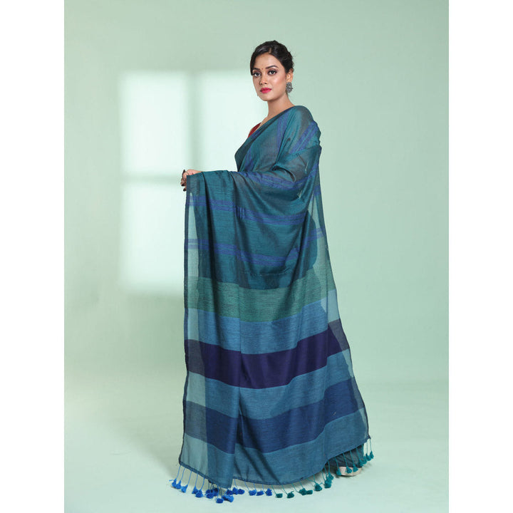 CHARUKRITI Teal Cotton Saree with Stripes Design with Unstitched Blouse