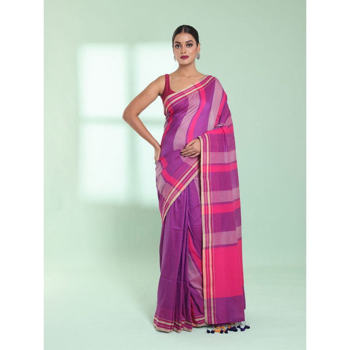 CHARUKRITI Purple Cotton Saree with Stripes Design with Unstitched Blouse