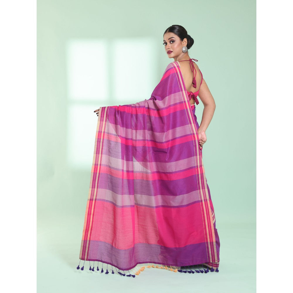 CHARUKRITI Purple Cotton Saree with Stripes Design with Unstitched Blouse