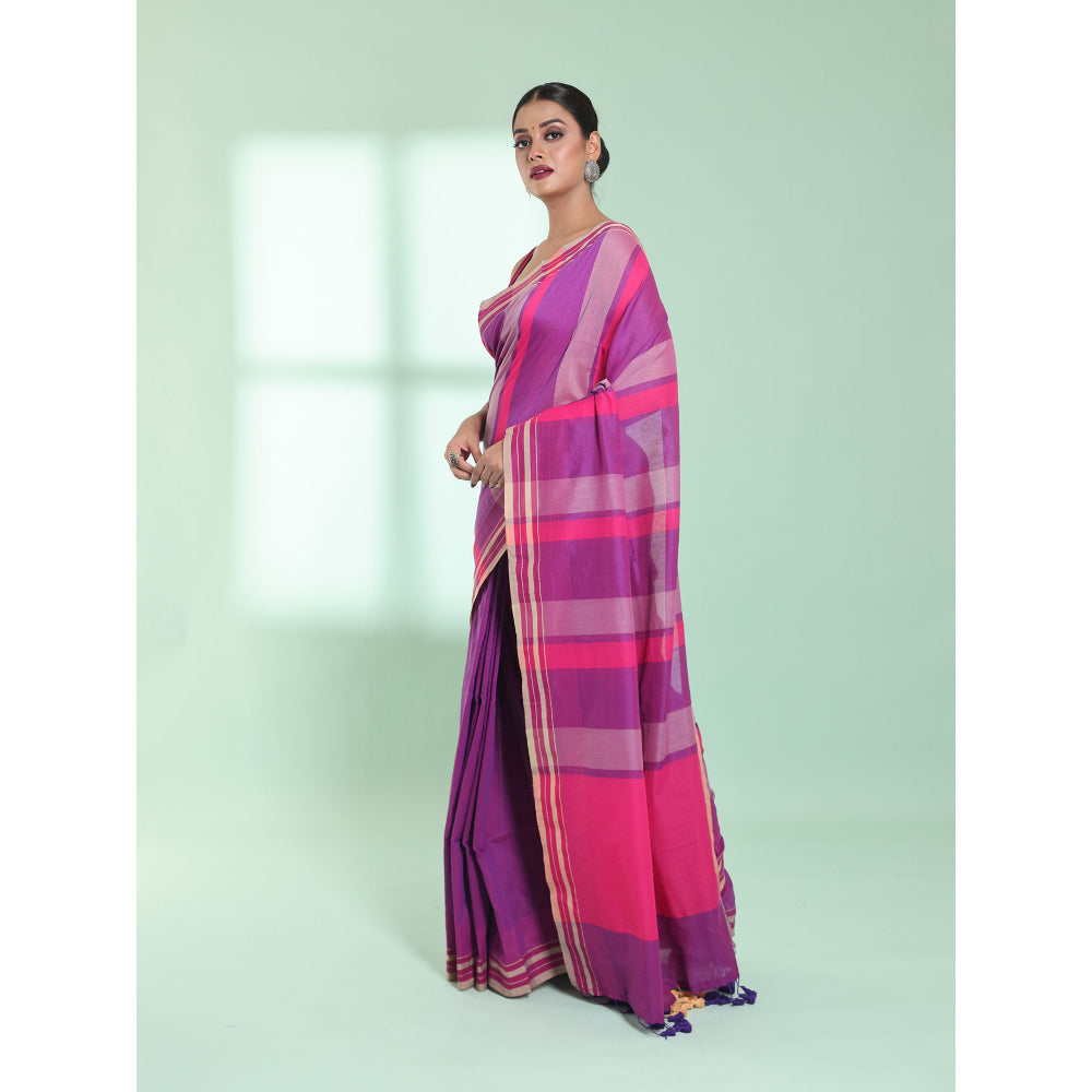 CHARUKRITI Purple Cotton Saree with Stripes Design with Unstitched Blouse