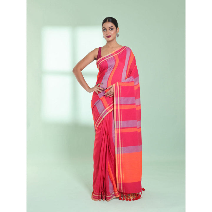 CHARUKRITI Punch Pink Cotton Saree with Stripes Design with Unstitched Blouse