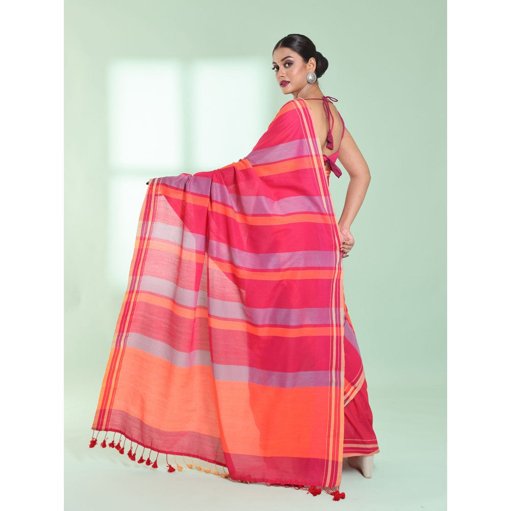 CHARUKRITI Punch Pink Cotton Saree with Stripes Design with Unstitched Blouse