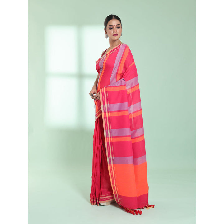 CHARUKRITI Punch Pink Cotton Saree with Stripes Design with Unstitched Blouse