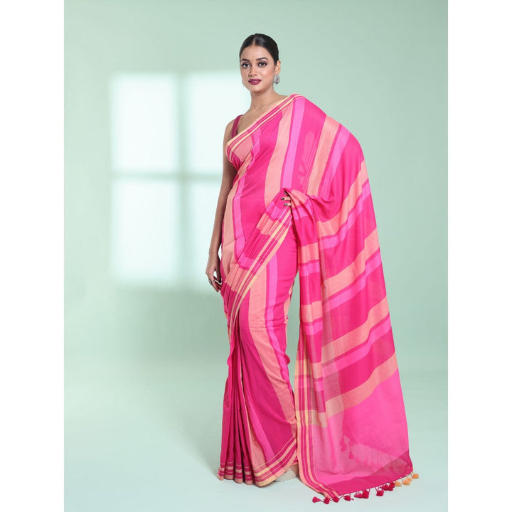 CHARUKRITI Pink Cotton Saree with Stripes Design with Unstitched Blouse