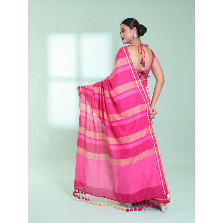 CHARUKRITI Pink Cotton Saree with Stripes Design with Unstitched Blouse