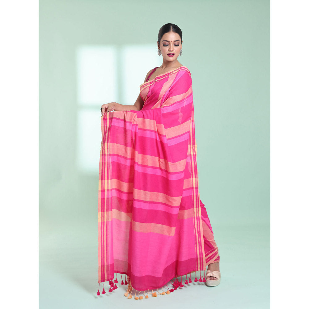 CHARUKRITI Pink Cotton Saree with Stripes Design with Unstitched Blouse