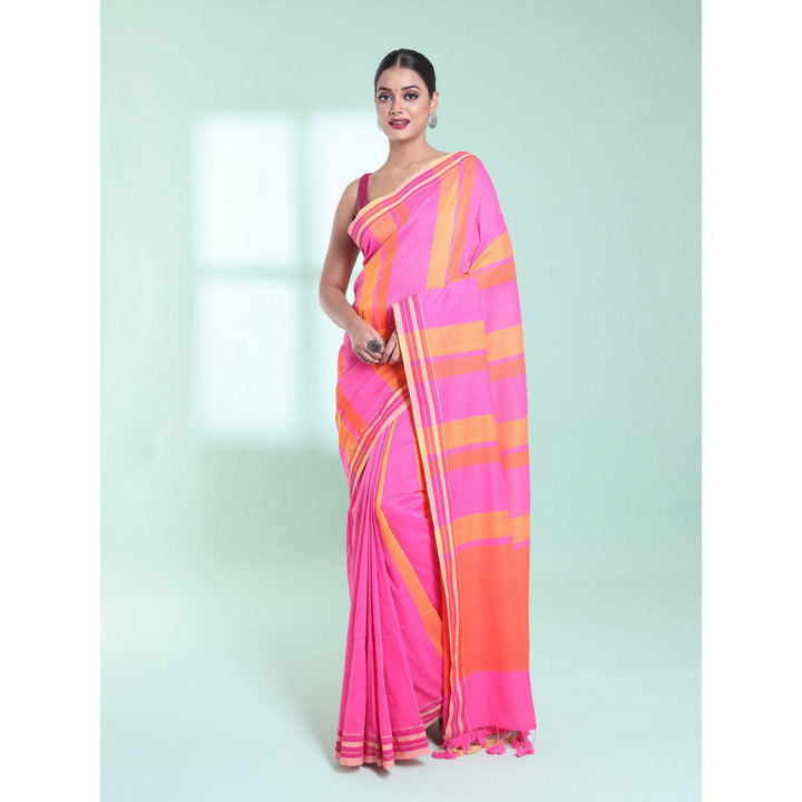 CHARUKRITI Taffy Pink Cotton Saree with Stripes Design with Unstitched Blouse