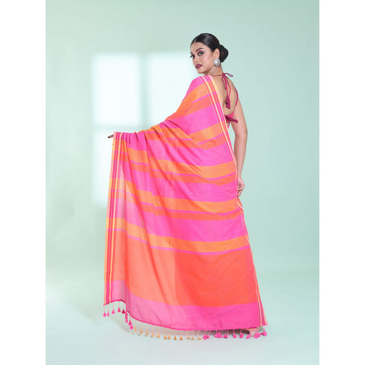 CHARUKRITI Taffy Pink Cotton Saree with Stripes Design with Unstitched Blouse