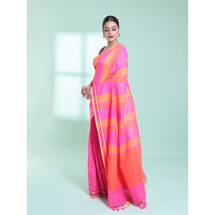 CHARUKRITI Taffy Pink Cotton Saree with Stripes Design with Unstitched Blouse