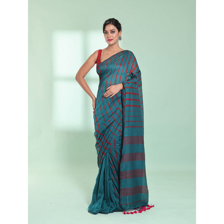 CHARUKRITI Teal Cotton Saree with Stripes Pattern with Unstitched Blouse