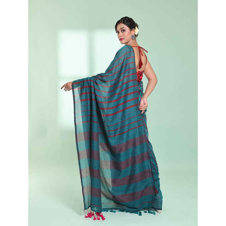 CHARUKRITI Teal Cotton Saree with Stripes Pattern with Unstitched Blouse