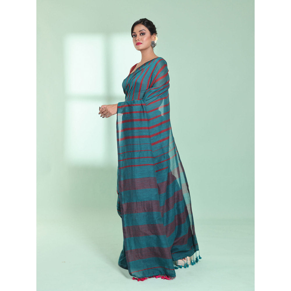 CHARUKRITI Teal Cotton Saree with Stripes Pattern with Unstitched Blouse