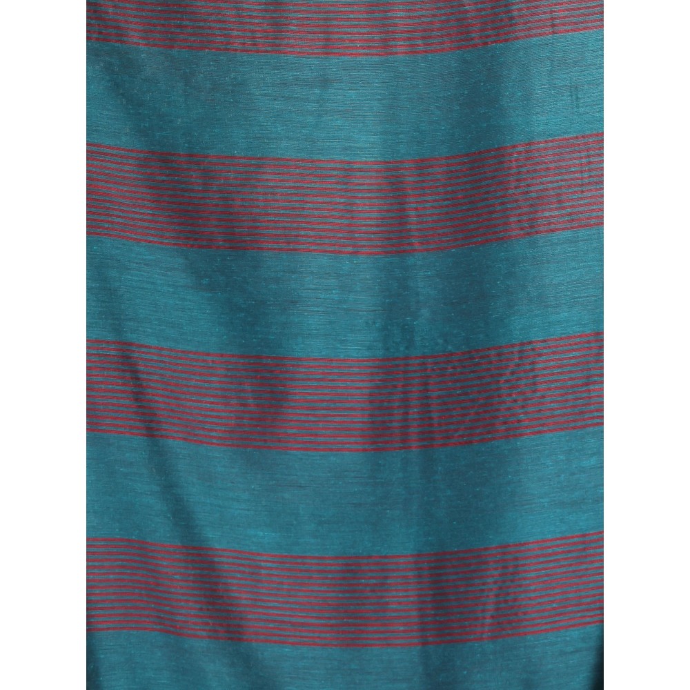 CHARUKRITI Teal Cotton Saree with Stripes Pattern with Unstitched Blouse