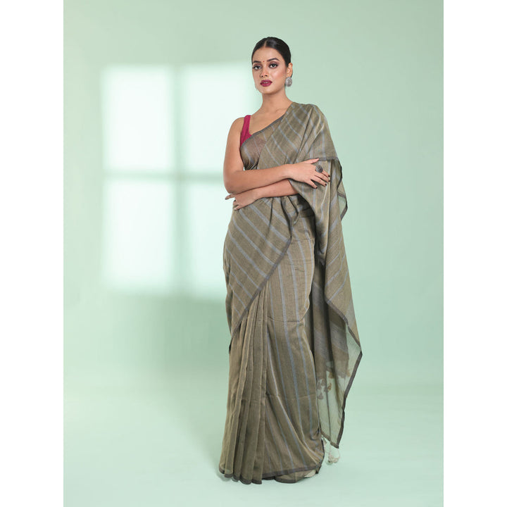 CHARUKRITI Ecru Cotton Saree with Stripes Pattern with Unstitched Blouse