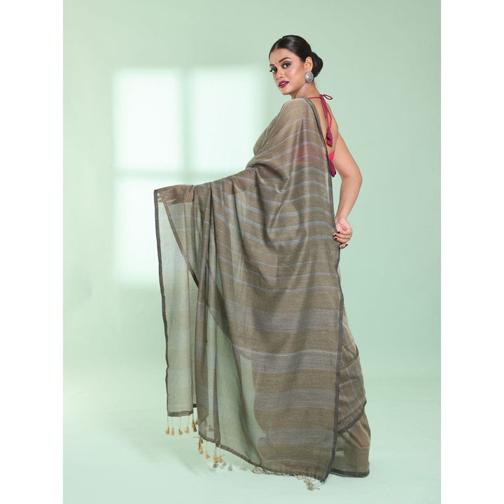 CHARUKRITI Ecru Cotton Saree with Stripes Pattern with Unstitched Blouse