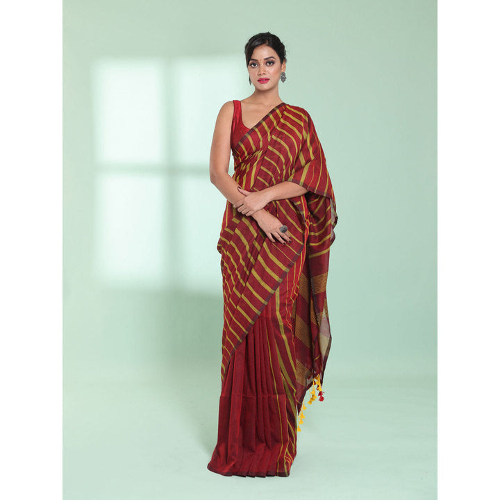 CHARUKRITI Maroon Cotton Saree with Stripes Pattern with Unstitched Blouse