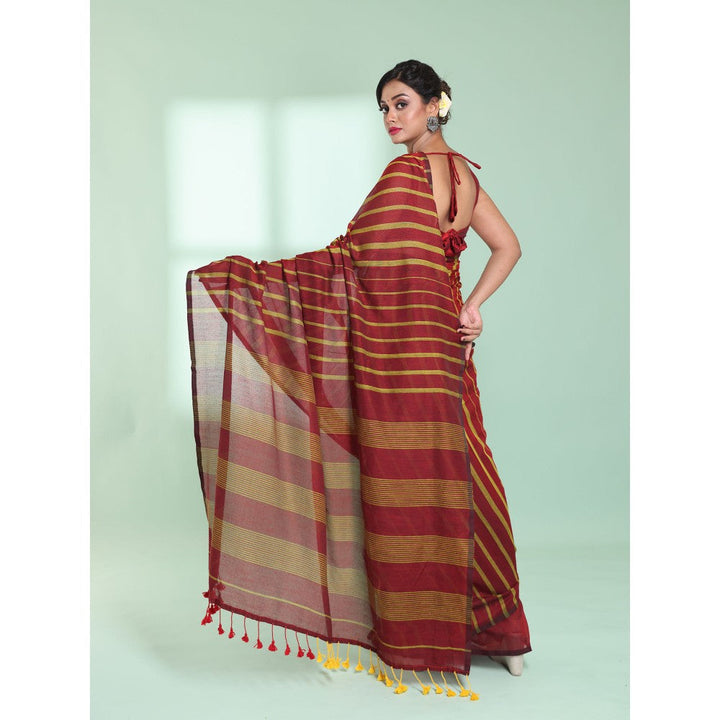 CHARUKRITI Maroon Cotton Saree with Stripes Pattern with Unstitched Blouse