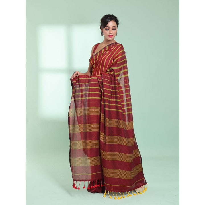 CHARUKRITI Maroon Cotton Saree with Stripes Pattern with Unstitched Blouse