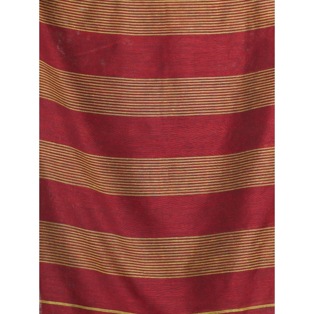 CHARUKRITI Maroon Cotton Saree with Stripes Pattern with Unstitched Blouse