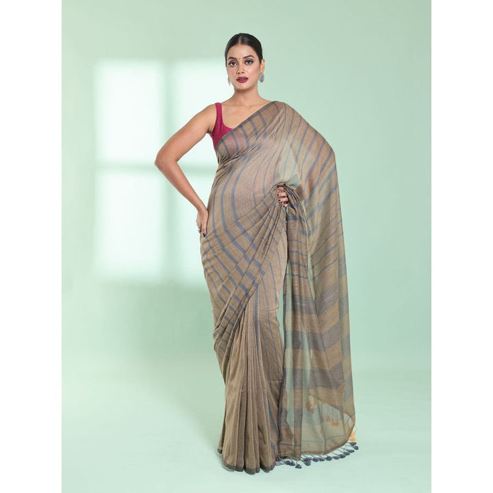 CHARUKRITI Light Ecru Cotton Saree with Stripes Pattern with Unstitched Blouse