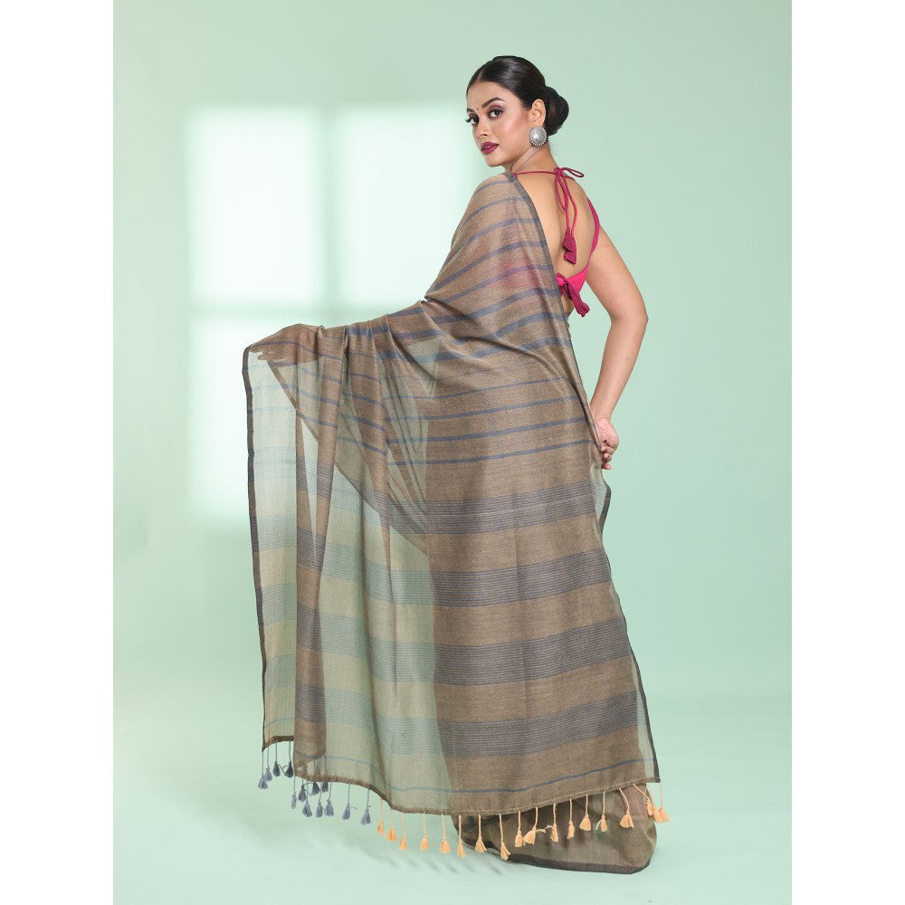 CHARUKRITI Light Ecru Cotton Saree with Stripes Pattern with Unstitched Blouse