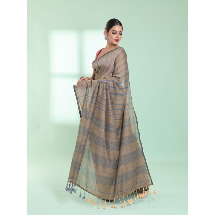 CHARUKRITI Light Ecru Cotton Saree with Stripes Pattern with Unstitched Blouse