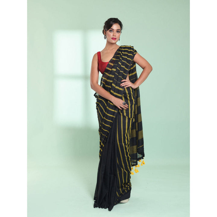 CHARUKRITI Black Cotton Saree with Stripes Pattern with Unstitched Blouse