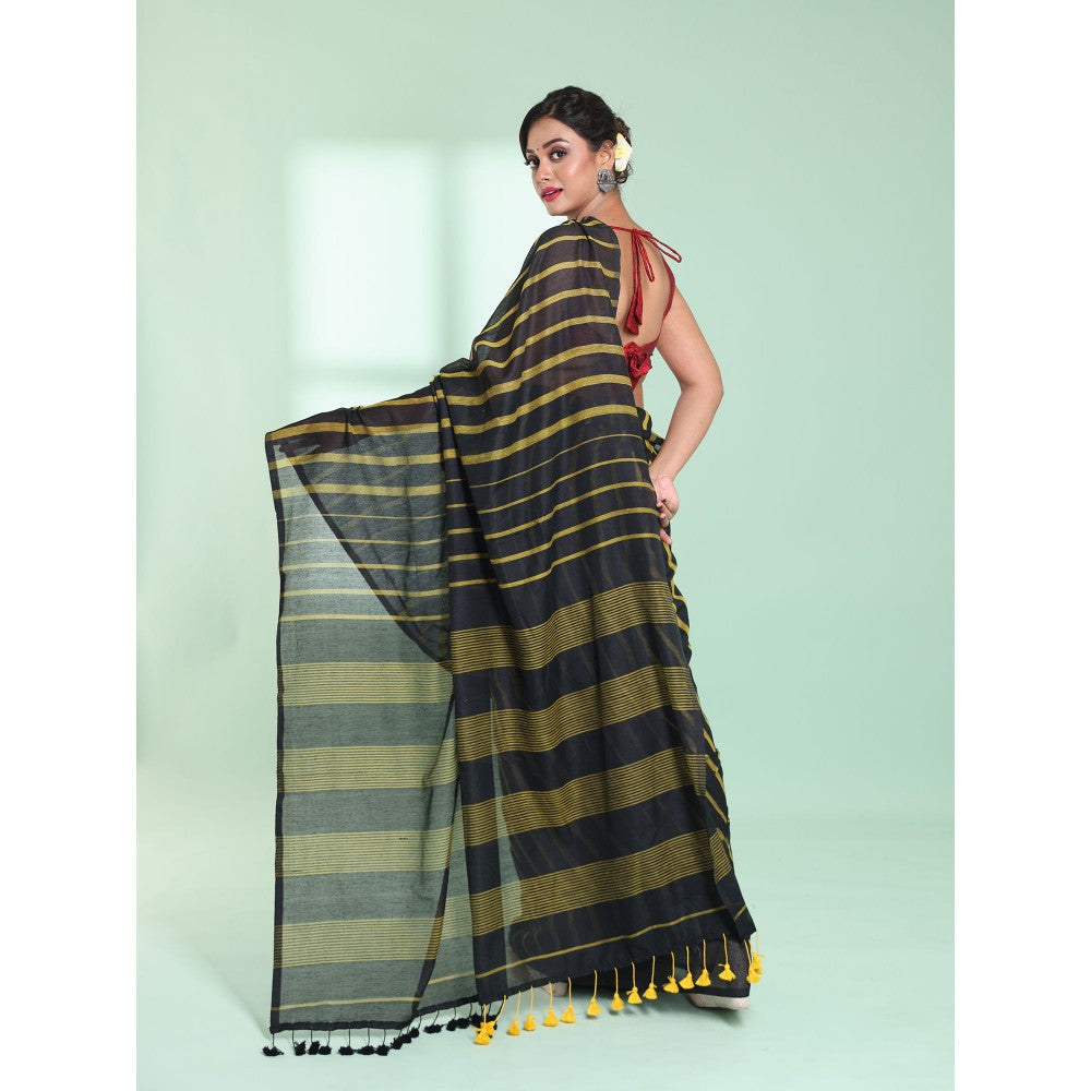 CHARUKRITI Black Cotton Saree with Stripes Pattern with Unstitched Blouse