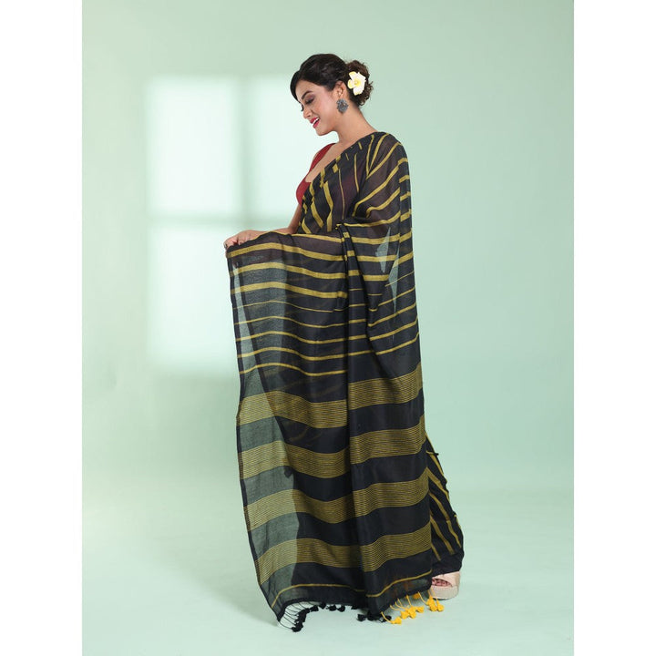 CHARUKRITI Black Cotton Saree with Stripes Pattern with Unstitched Blouse