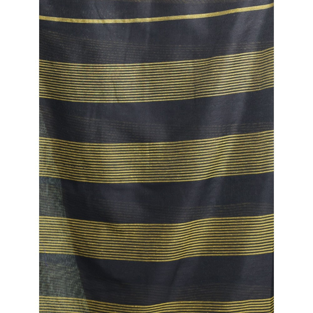 CHARUKRITI Black Cotton Saree with Stripes Pattern with Unstitched Blouse