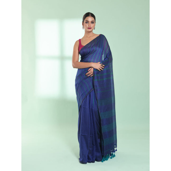 CHARUKRITI Blue Cotton Saree with Stripes Pattern with Unstitched Blouse