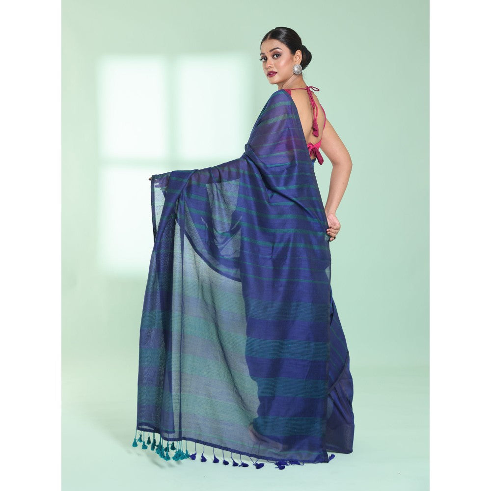 CHARUKRITI Blue Cotton Saree with Stripes Pattern with Unstitched Blouse