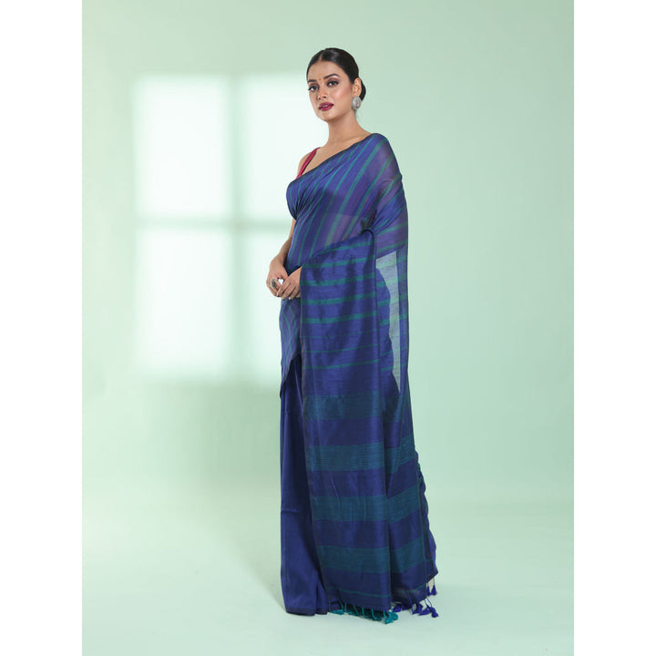 CHARUKRITI Blue Cotton Saree with Stripes Pattern with Unstitched Blouse