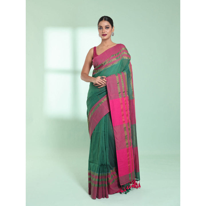 CHARUKRITI Green Cotton Saree with Zari Border with Unstitched Blouse