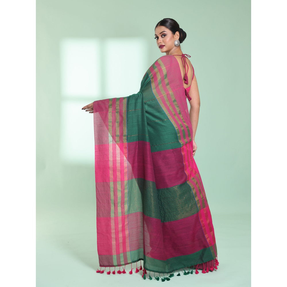 CHARUKRITI Green Cotton Saree with Zari Border with Unstitched Blouse