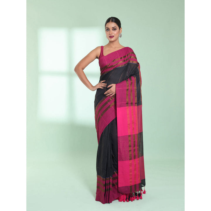 CHARUKRITI Black Cotton Saree with Zari Border with Unstitched Blouse