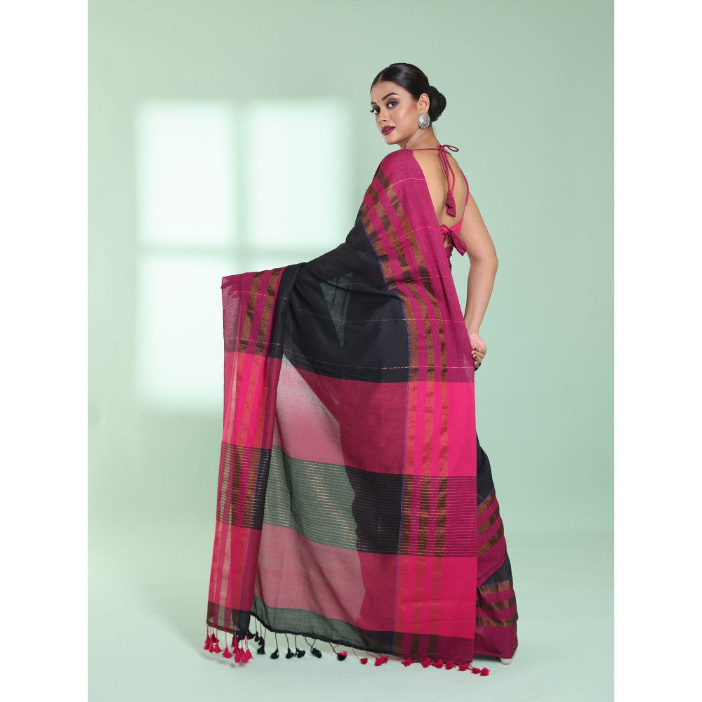 CHARUKRITI Black Cotton Saree with Zari Border with Unstitched Blouse