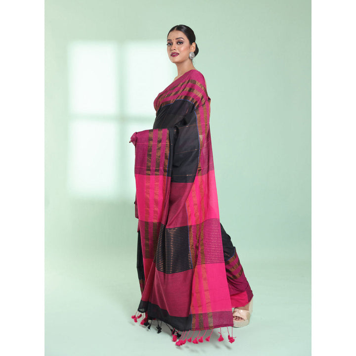 CHARUKRITI Black Cotton Saree with Zari Border with Unstitched Blouse