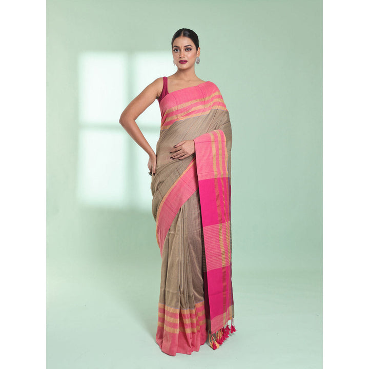 CHARUKRITI Ecru Cotton Saree with Zari Border with Unstitched Blouse