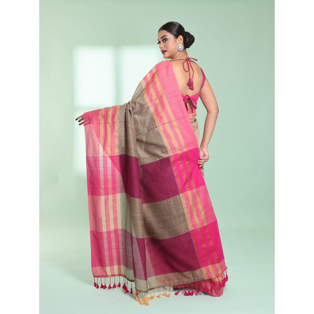 CHARUKRITI Ecru Cotton Saree with Zari Border with Unstitched Blouse