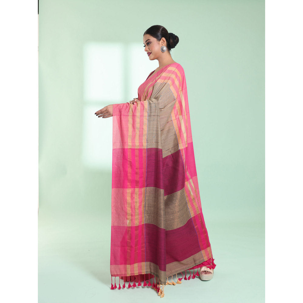 CHARUKRITI Ecru Cotton Saree with Zari Border with Unstitched Blouse