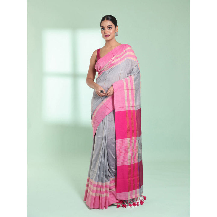 CHARUKRITI Steel Grey Cotton Saree with Zari Border with Unstitched Blouse