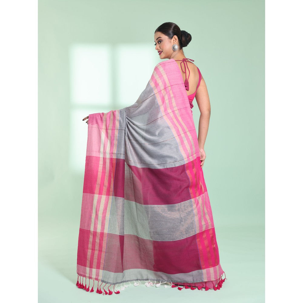 CHARUKRITI Steel Grey Cotton Saree with Zari Border with Unstitched Blouse