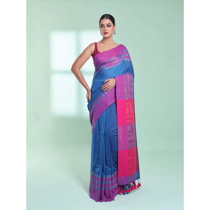 CHARUKRITI Sapphire Blue Cotton Saree with Zari Border with Unstitched Blouse