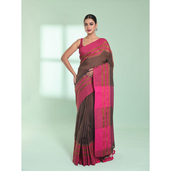 CHARUKRITI Brown Cotton Saree with Zari Border with Unstitched Blouse