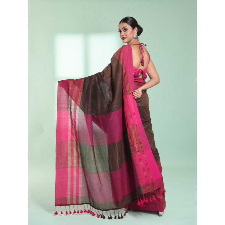 CHARUKRITI Brown Cotton Saree with Zari Border with Unstitched Blouse