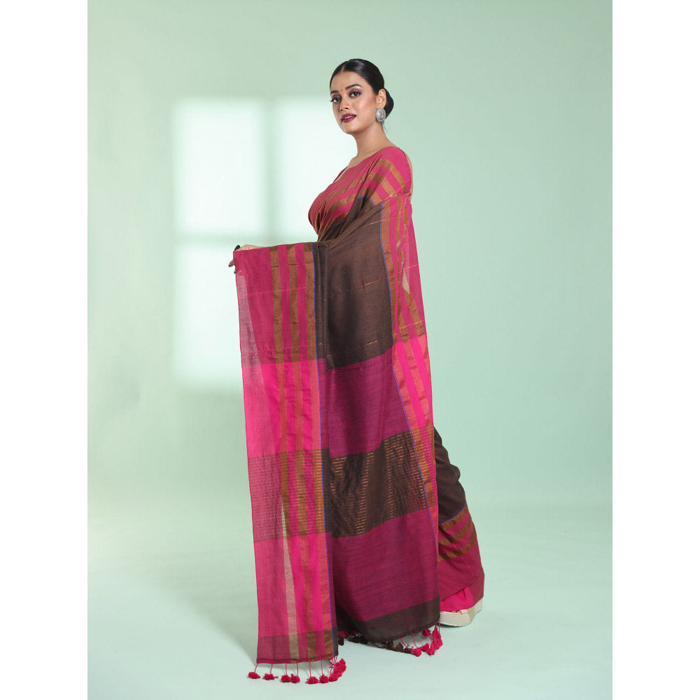 CHARUKRITI Brown Cotton Saree with Zari Border with Unstitched Blouse